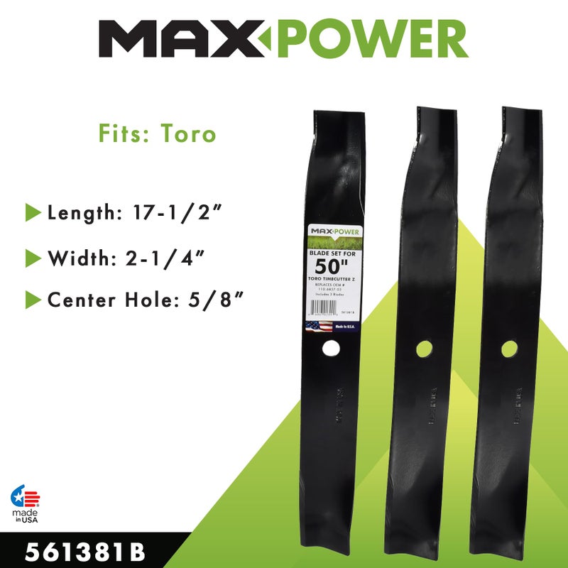 Maxpower 561381B 3 High Lift Blade Set for 50'' Cut Toro Time Cutter Z Mowers Replaces OEM no. 110-6837-03, 112-9759-03, & 115-5059-03 - Image 2